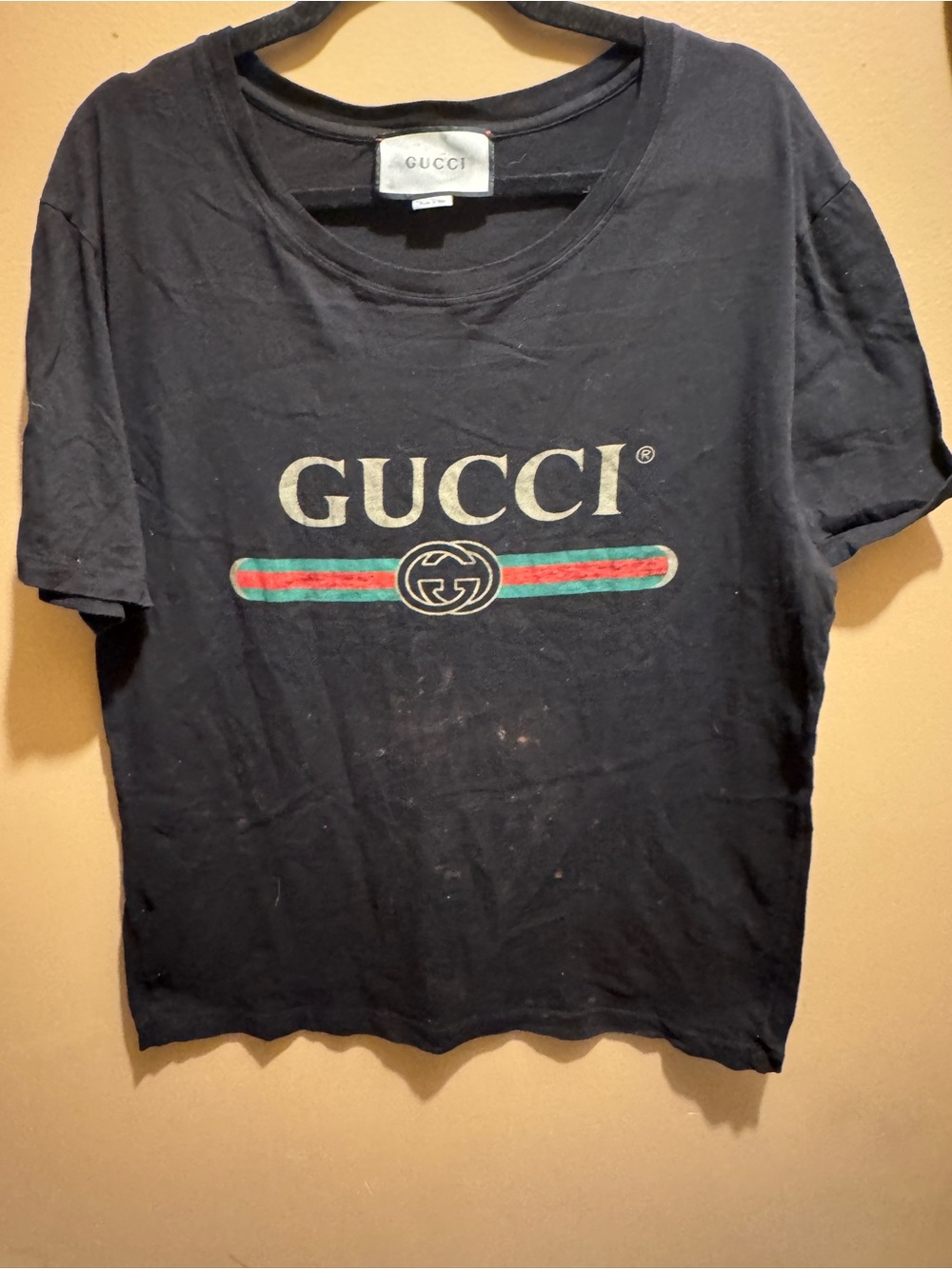 Gucci Black Tee with White Logo and Red & Green Accent